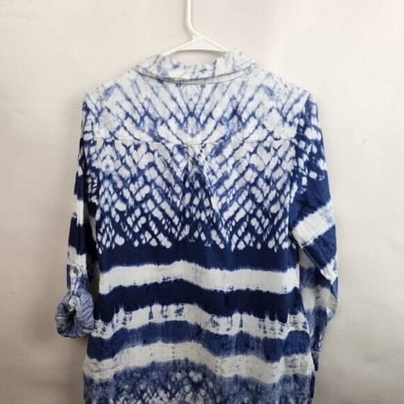 Beaches & BOHO Womens Tunic Top Medium Blue White Tie Dye Coastal Resort Hippie - Picture 9 of 9